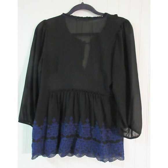 Hazel tunic top blouse black w/blue embroidery sz Medium - Picture 2 of 5